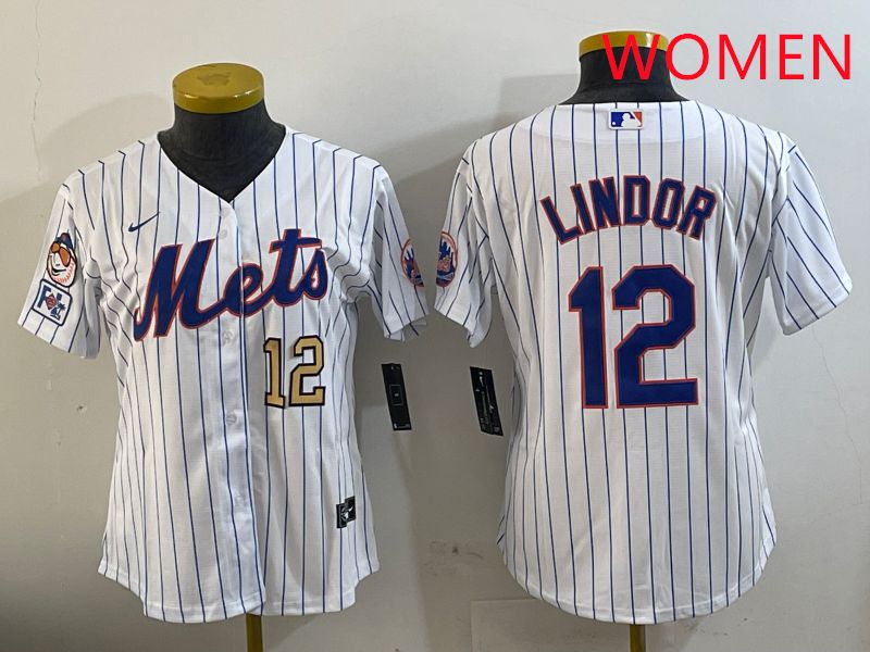 Women New York Mets #12 Lindor White Stirpe Game Fashion 2025 Nike MLB Jersey style 3